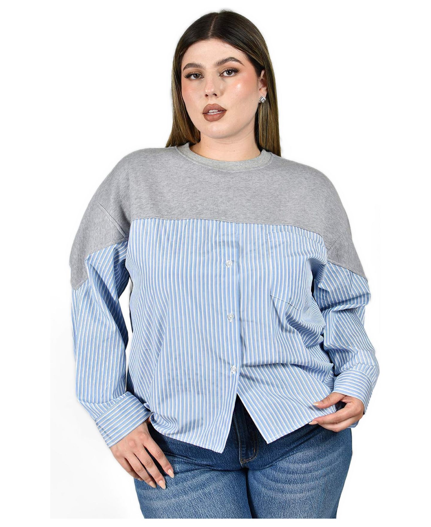 Женская блузка Roman Fashion Plus Size Long-Sleeve Crewneck Colorblock Striped, цвет: Синий — фото 1