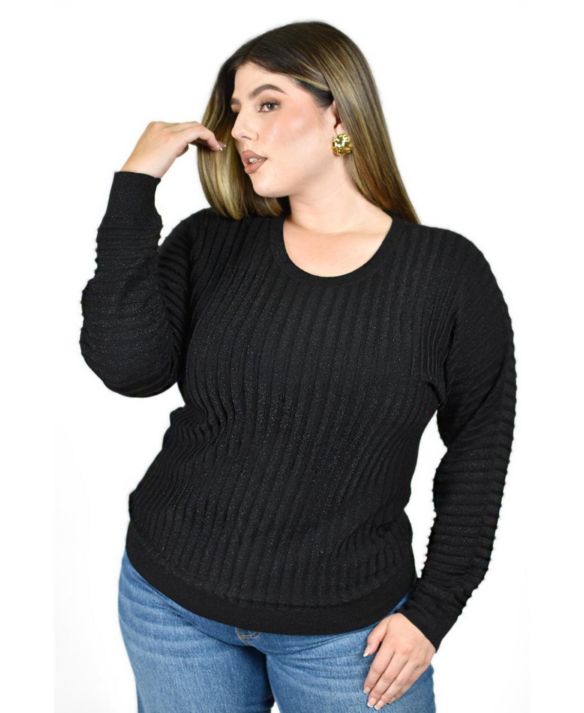 Roman Fashion Plus Size Ribbed Glitter Sweater - Black