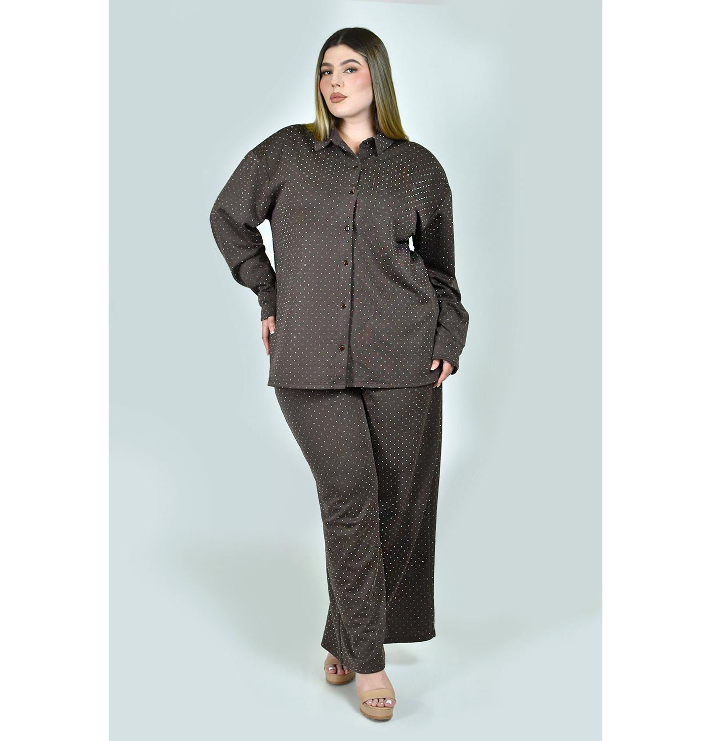 Женский комплект Roman Fashion Plus Size Polka-Dot Glitter Shirt and Pants, 2-Piece Set, цвет: Коричневый — фото 5
