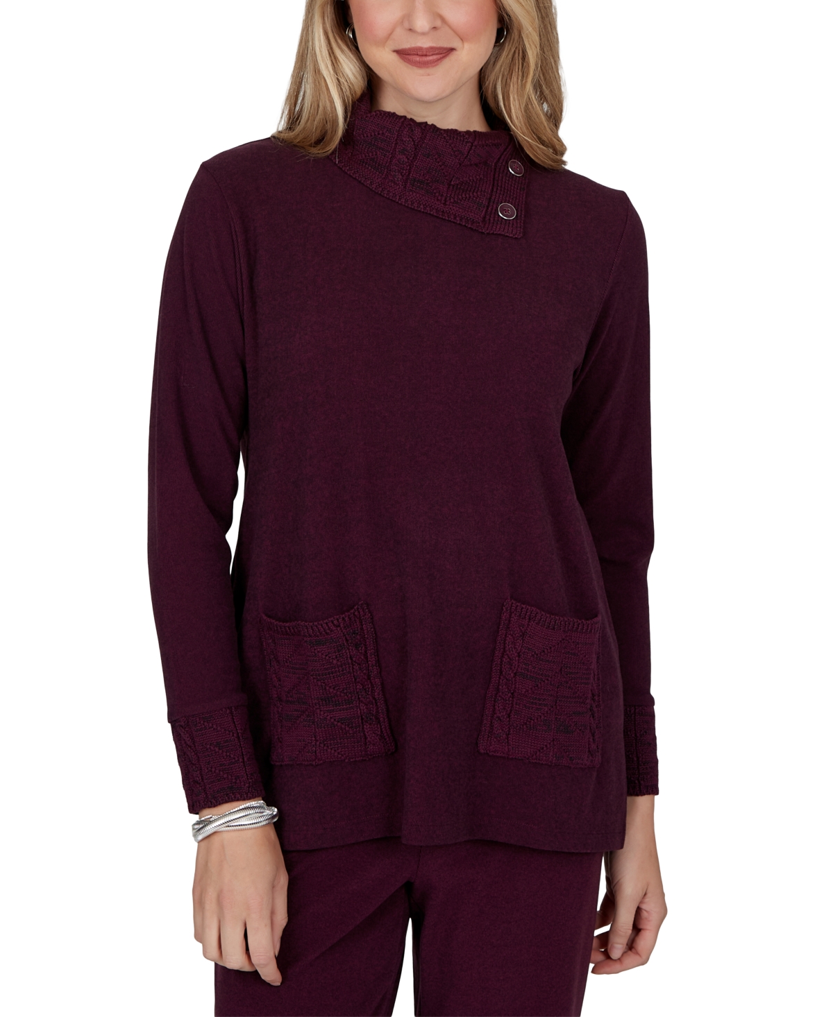 Ruby Rd. Plus Combo Cable Cable-Knit Cowl Neck Long-Sleeve Sweater