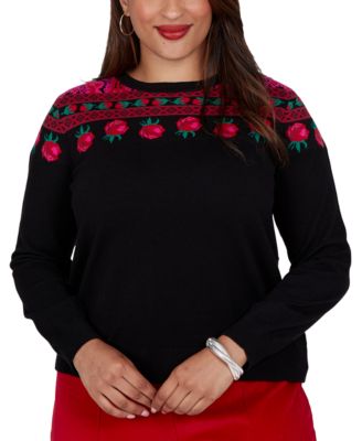 Plus Size Rose Fair-Isle Long-Sleeve Pullover