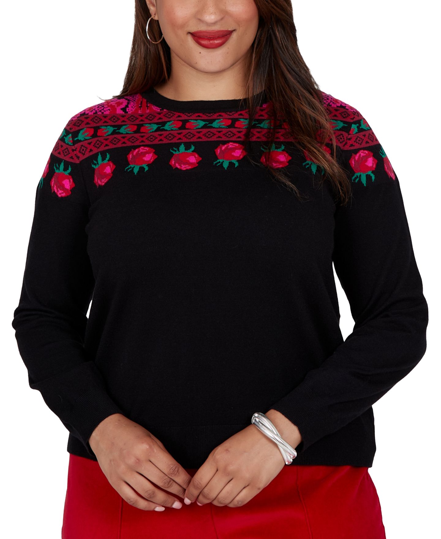 Женский свитер Ruby Rd. Plus Size Rose Fair-Isle Long-Sleeve Pullover, цвет: Чёрный — фото 1