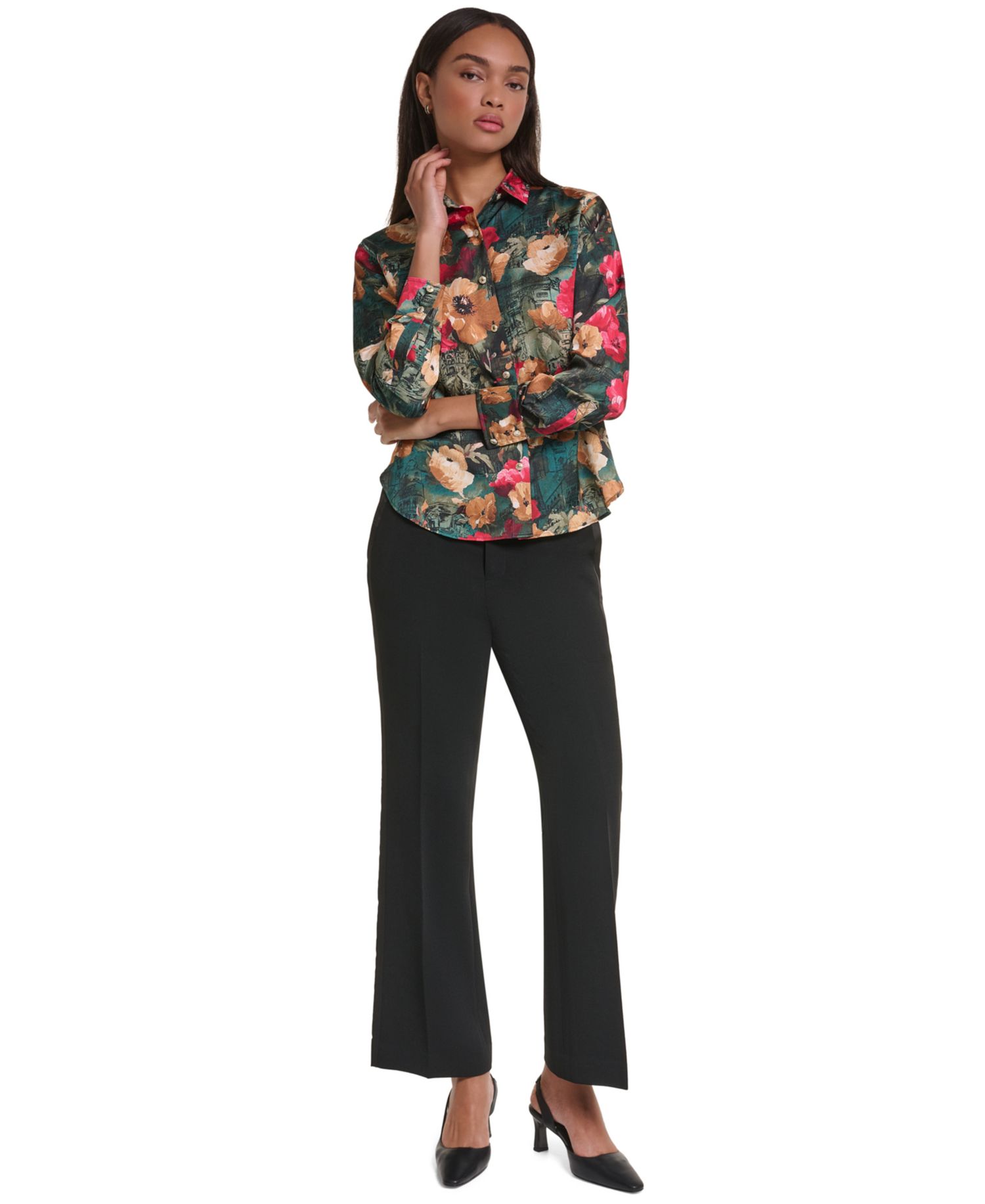 Petite Satin Floral Long-Sleeve Blouse