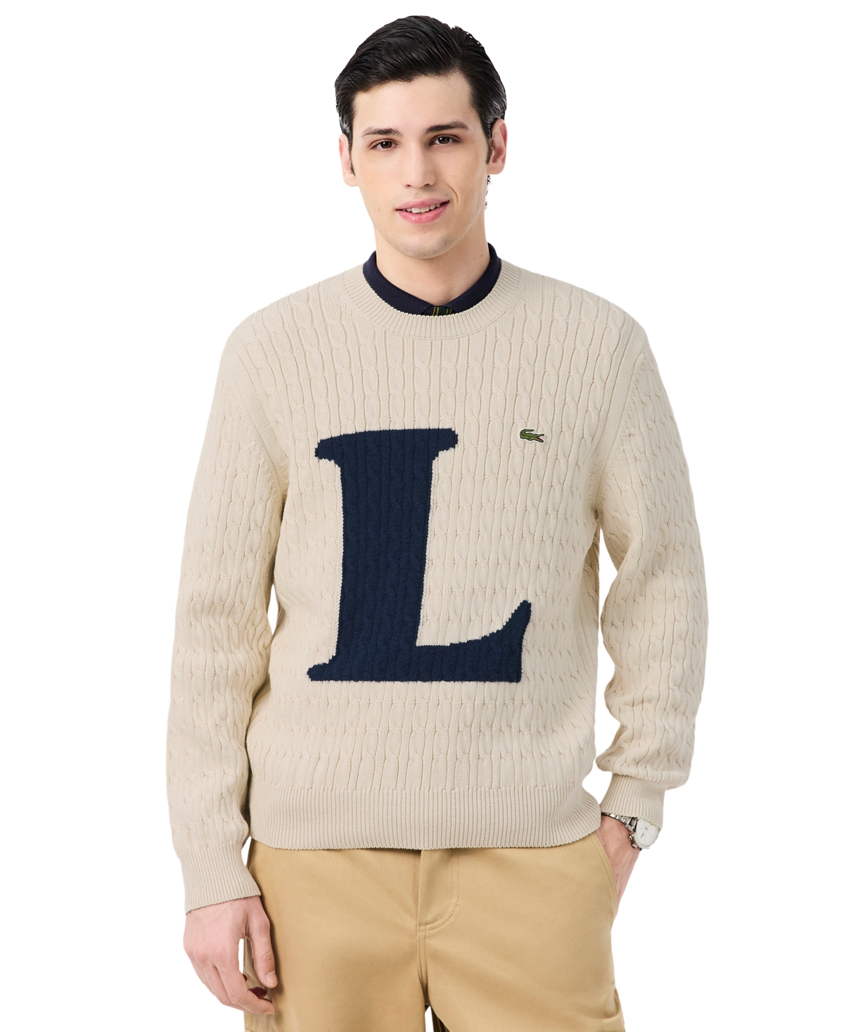 Lacoste Men's Cable-Knit Intarsia-Logo Crewneck Pullover Sweater - Naturel Cl