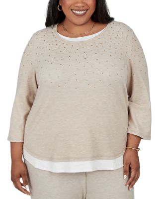 Plus Size Crewneck 3/4-Sleeve Rhinestone-Embellished Sweater