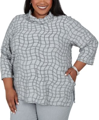 Plus Size Cowl-Neck 3/4-Sleeve Geometric-Print Tunic Top