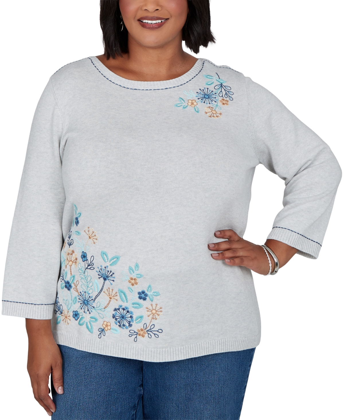 Alfred Dunner Plus Size Boat-Neck 3/4-Sleeve Floral-Embroidered Sweater - Light Grey