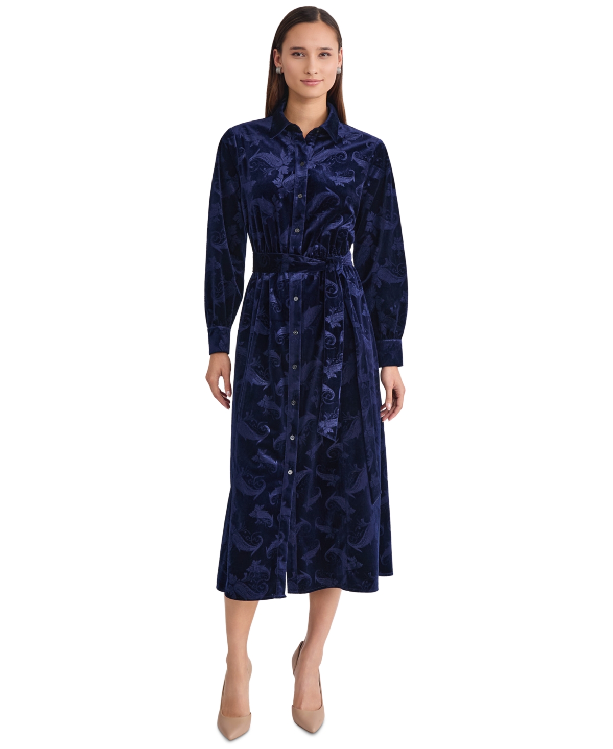 Jones New York Women's Floral Velvet Belted Shirt Dress