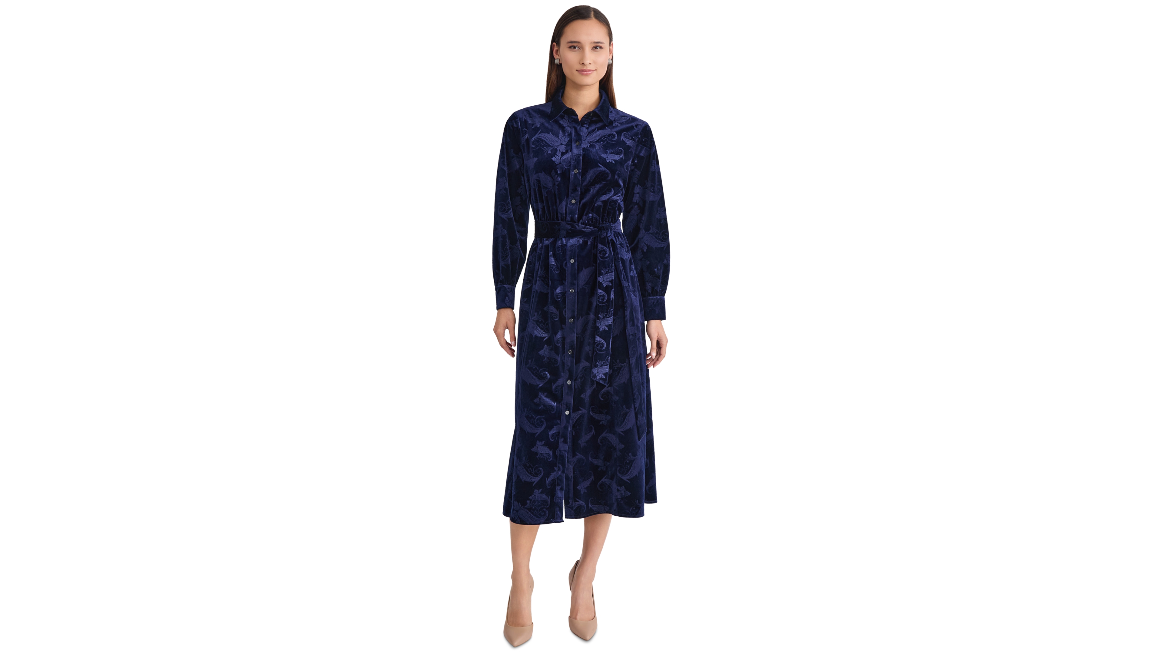 Jones New York Women's Floral Velvet Belted Shirt Dress