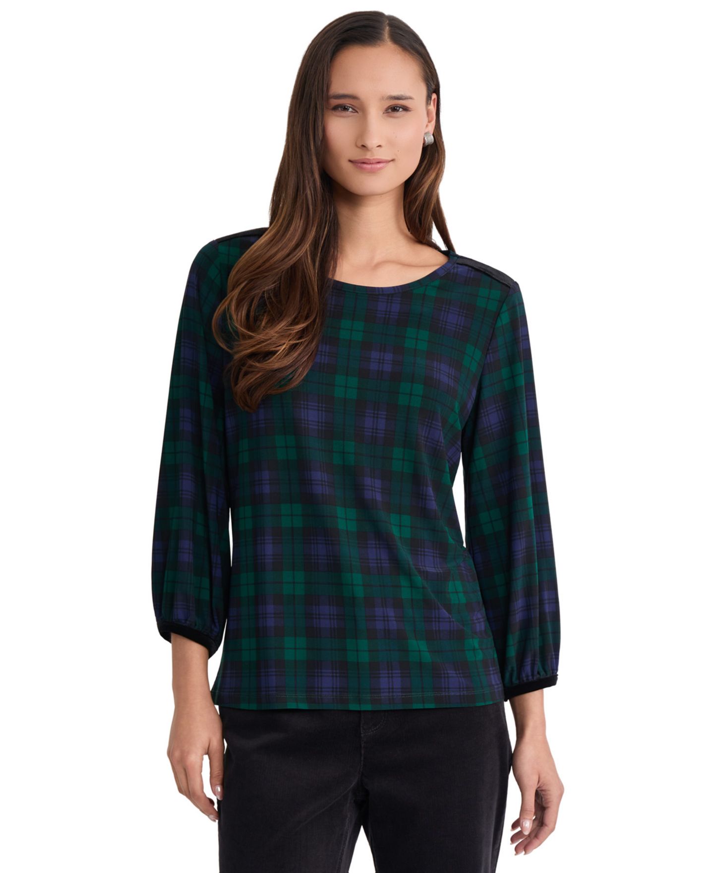 Женская блузка Jones New York Plaid 3/4-Sleeve Velvet, цвет: Тёмно-зелёный разноцветный — фото 1
