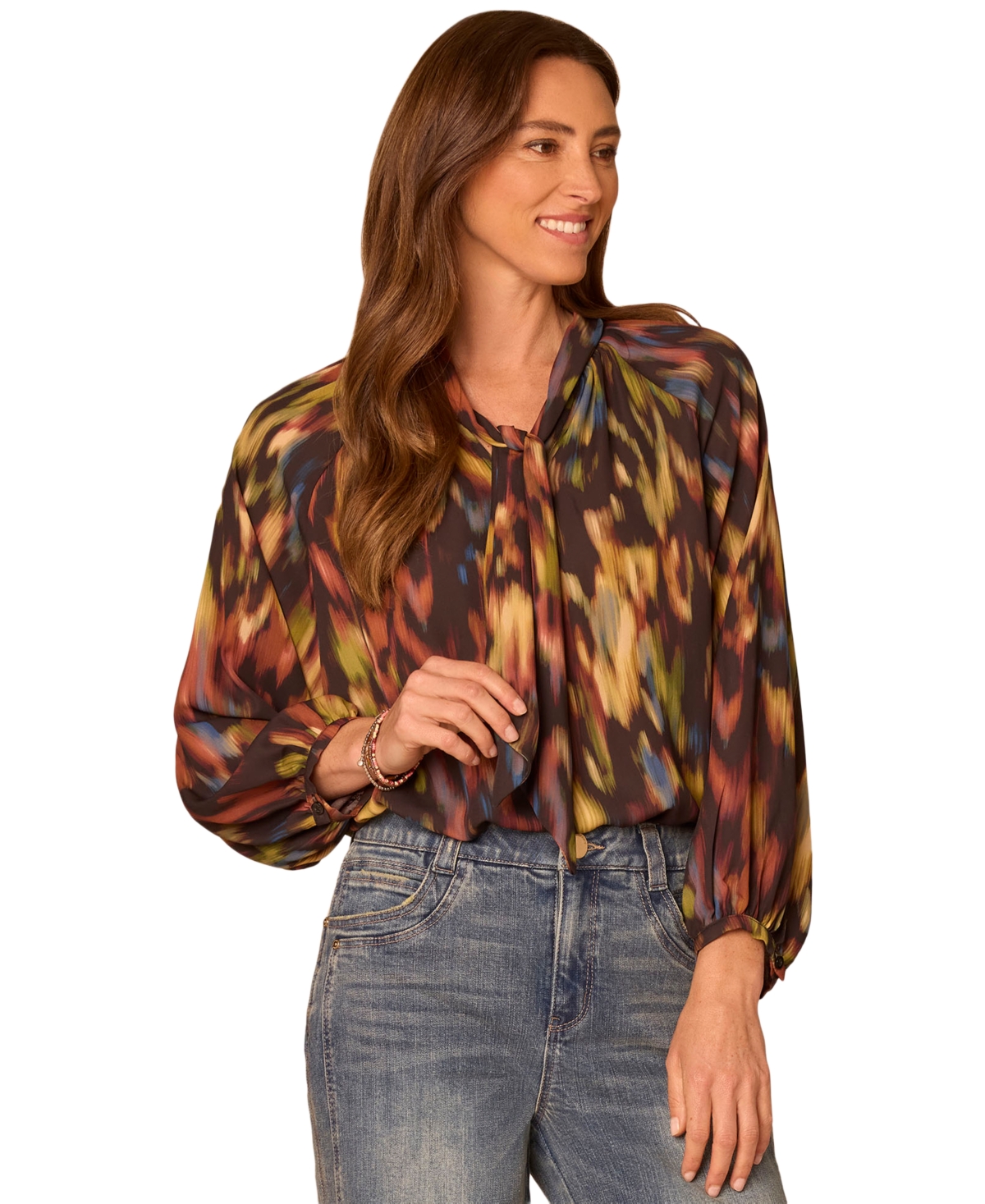 Democracy Women's Long-Sleeve Split-Collar Self-Tie Print Blouse