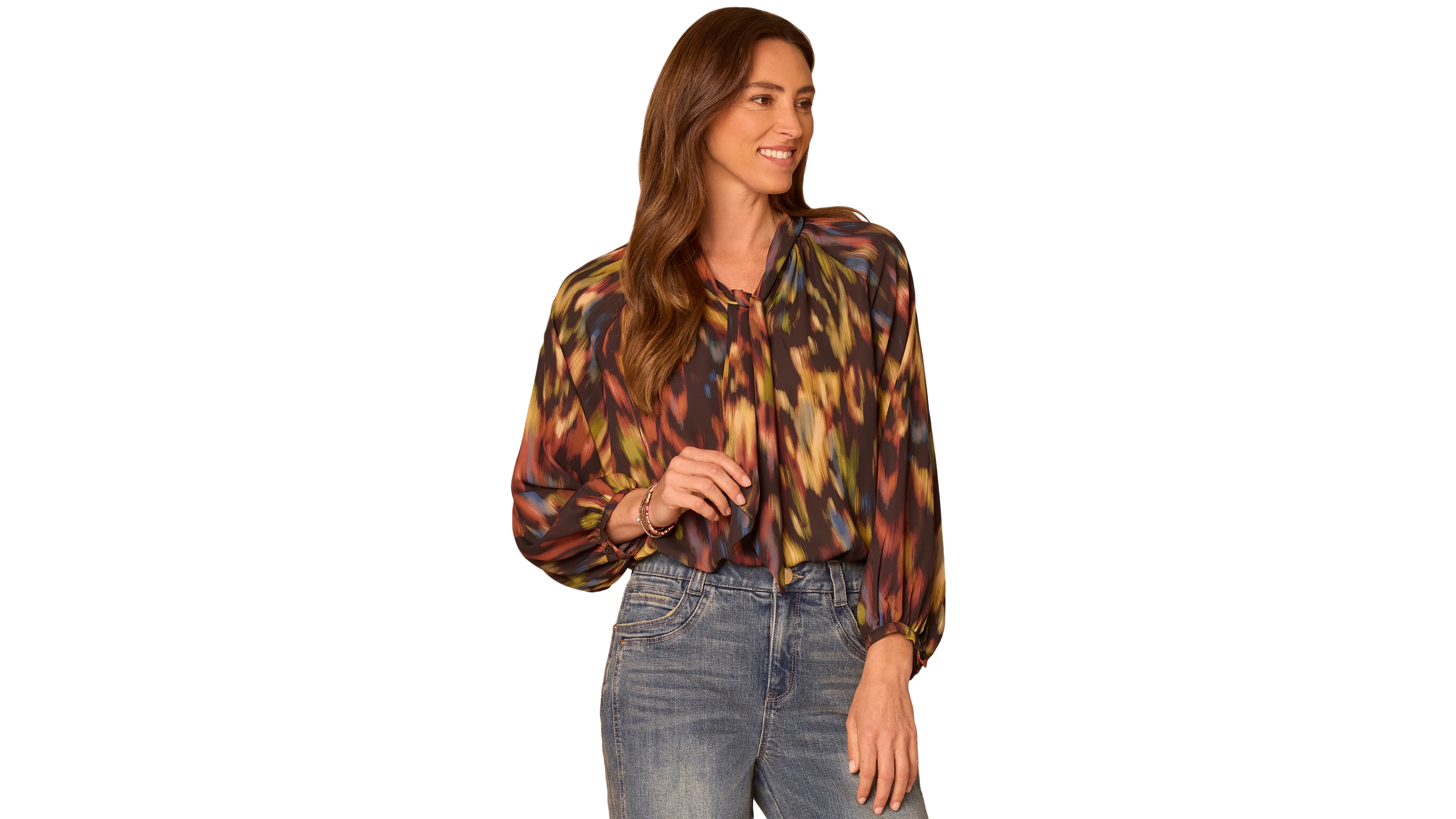 Democracy Women's Long-Sleeve Split-Collar Self-Tie Print Blouse