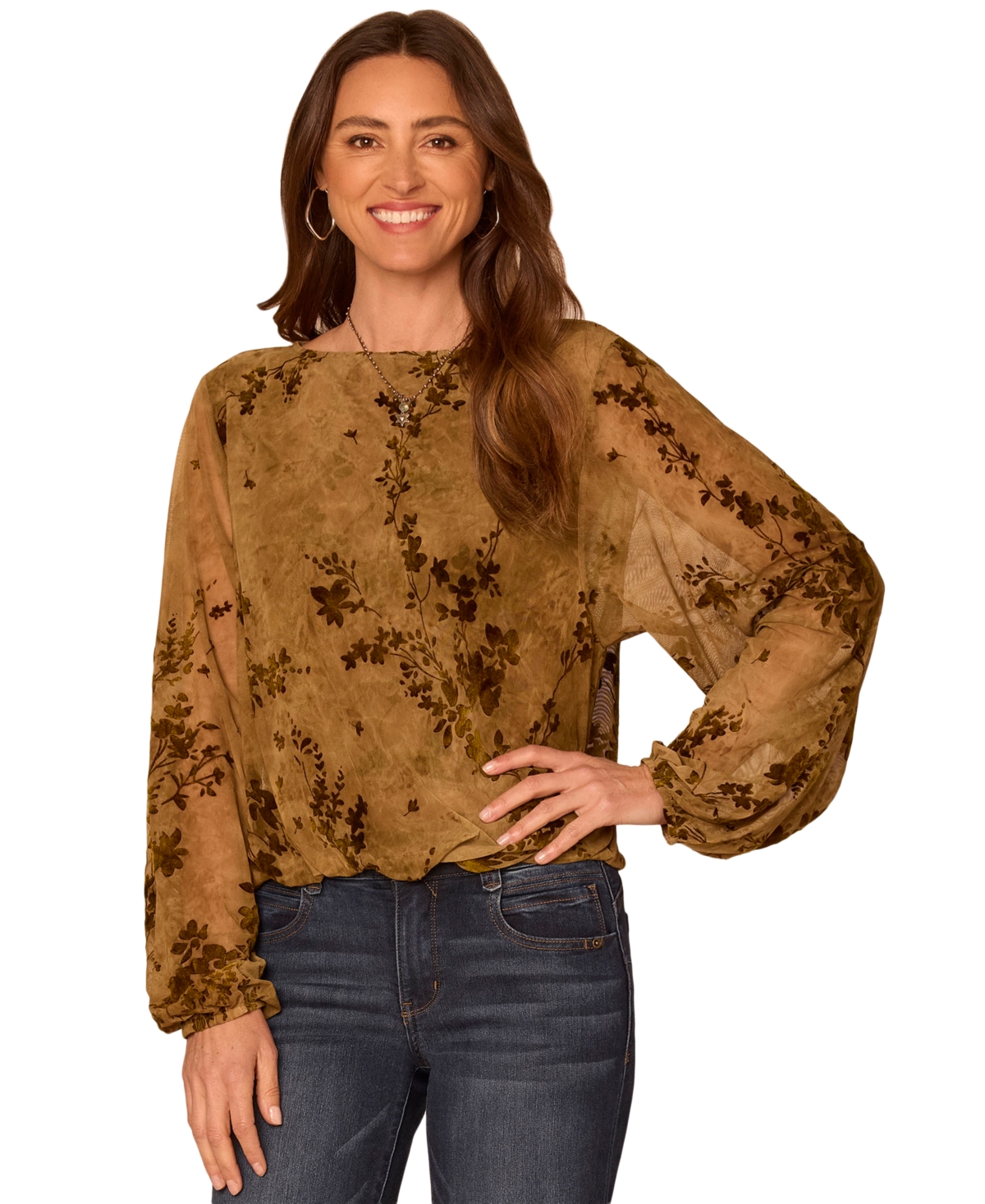Democracy Petite Floral-print Long Blouson Sleeve Boat Neck Knit Top In Jungle Moss