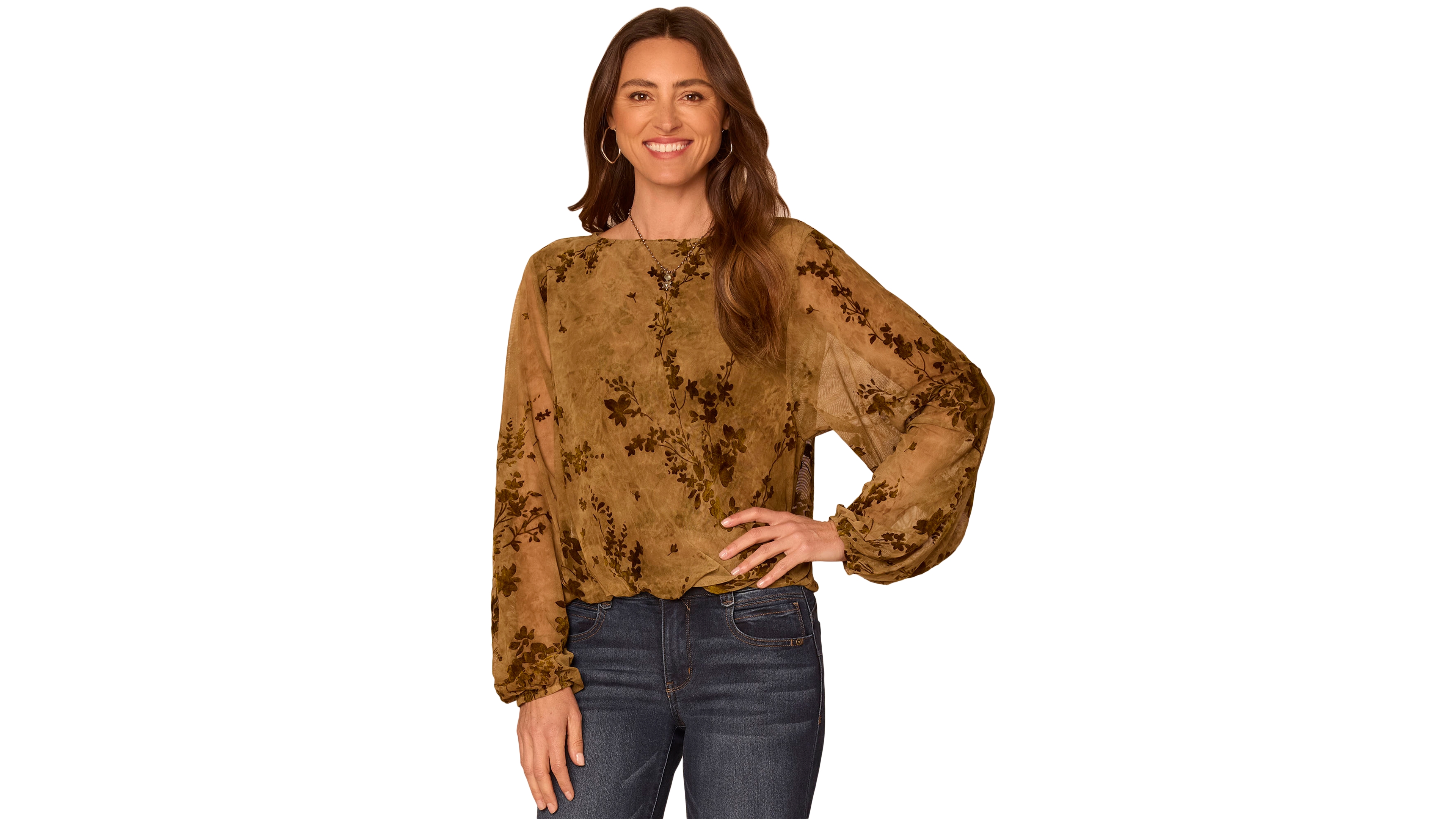 Democracy Petite Floral-Print Long Blouson Sleeve Boat Neck Knit Top
