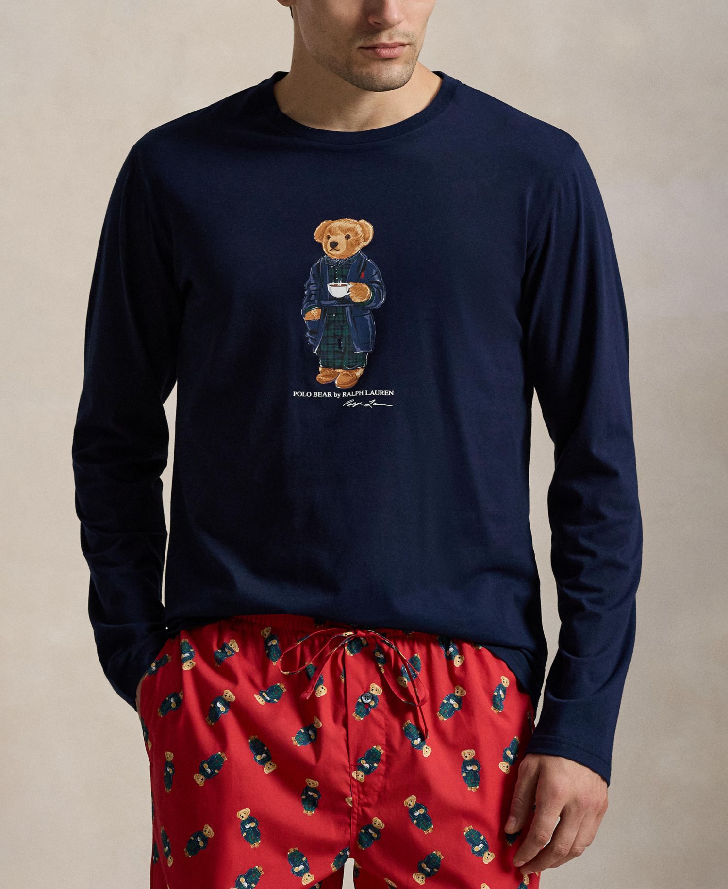 Men's Polo Bear Long-Sleeve Crewneck Cotton Top and Pants, 2-Piece Set