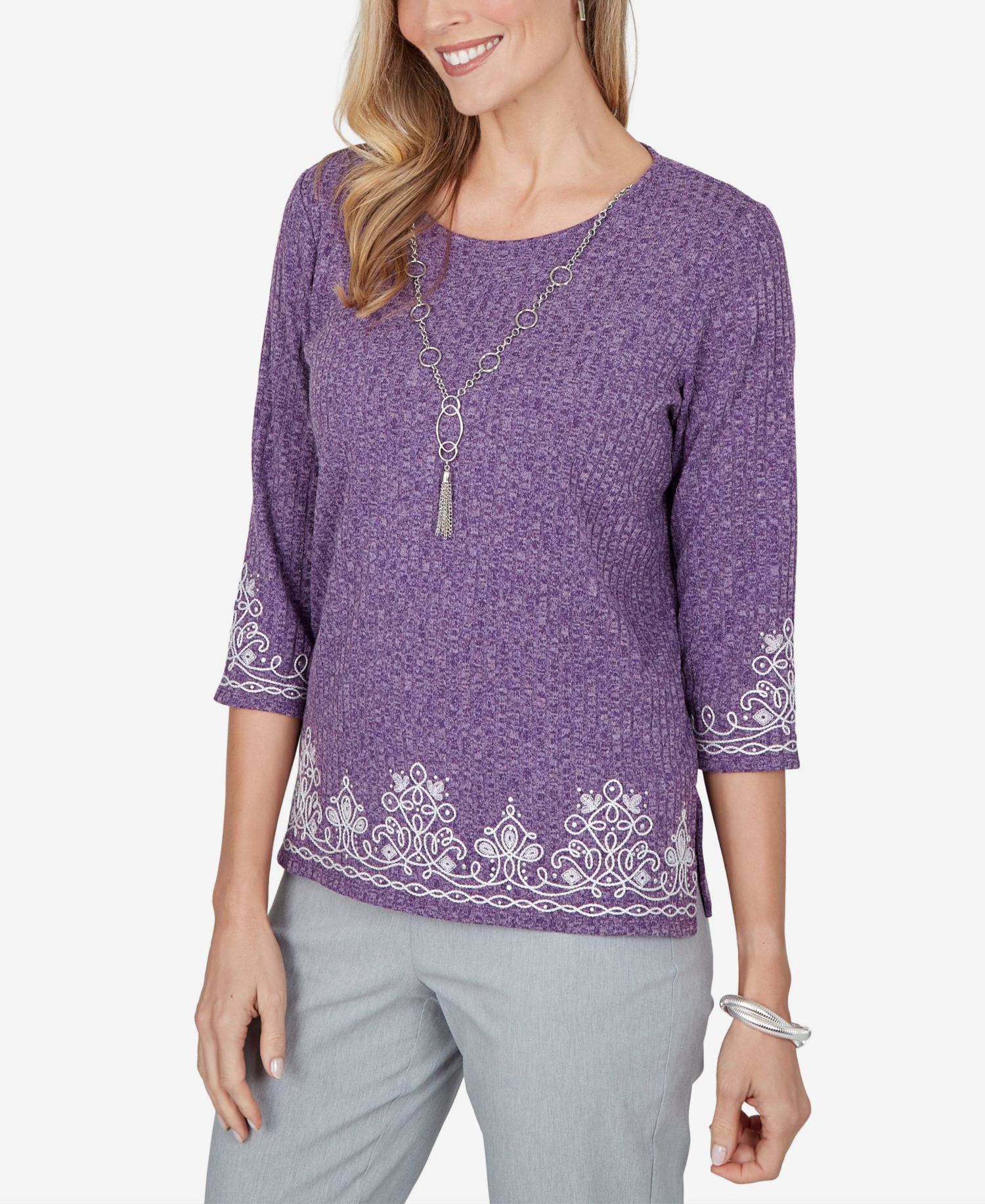 Petite 3/4-Sleeve Embroidered Side-Slit Blouse