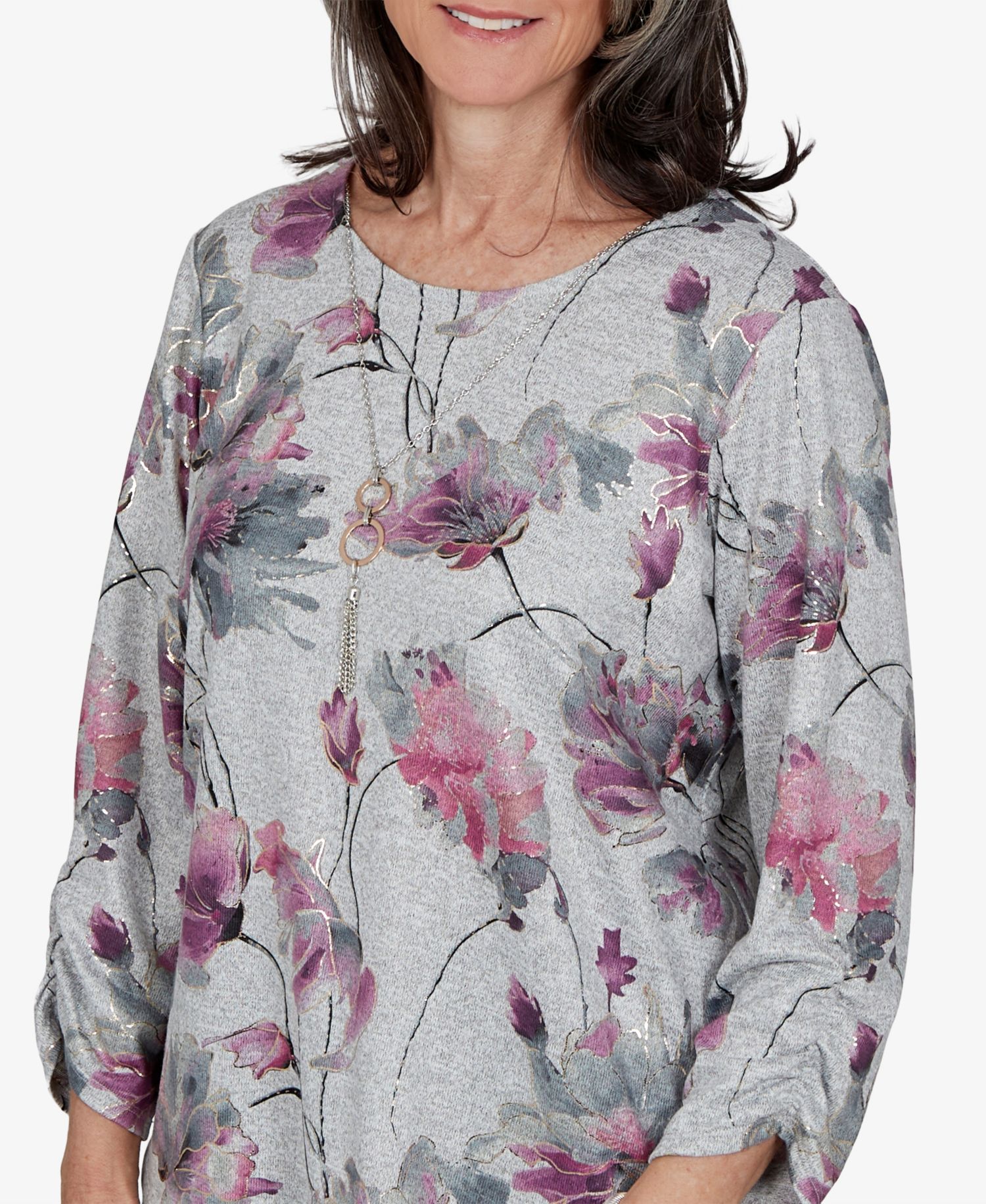 Petite Floral-Print 3/4-Sleeve Curved-Hem Blouse
