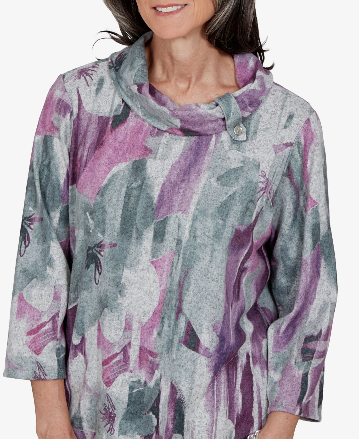 Petite Floral-Print Cowl Neck 3/4-Sleeve Tunic Top