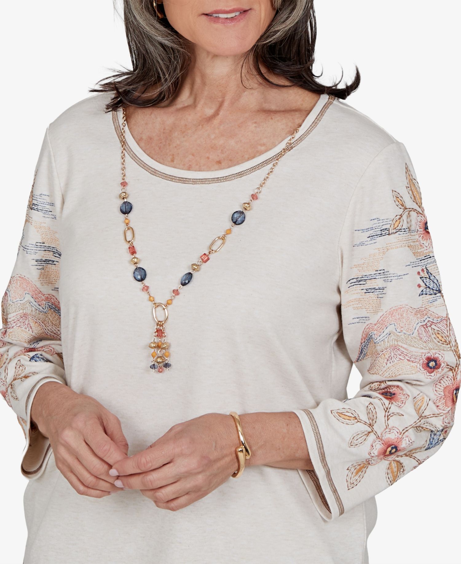 Petite Crewneck 3/4-Sleeve Curved-Hem Blouse