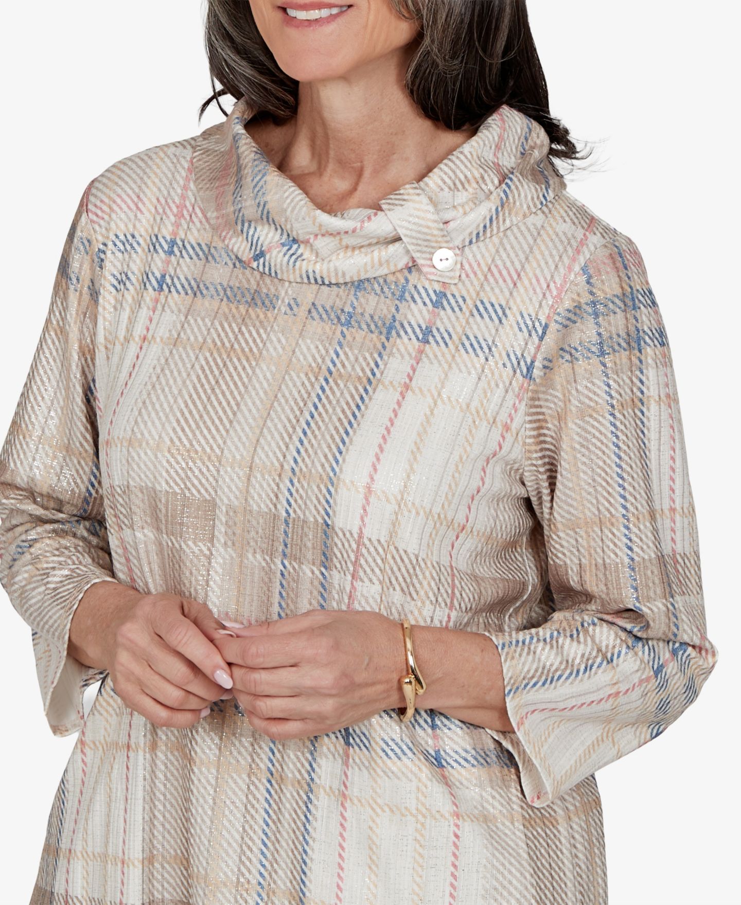 Женский топ Alfred Dunner Petite Plaid Cowl Neck 3/4-Sleeve Tunic Top, цвет: Рыжевато-коричневый разноцветный — фото 4