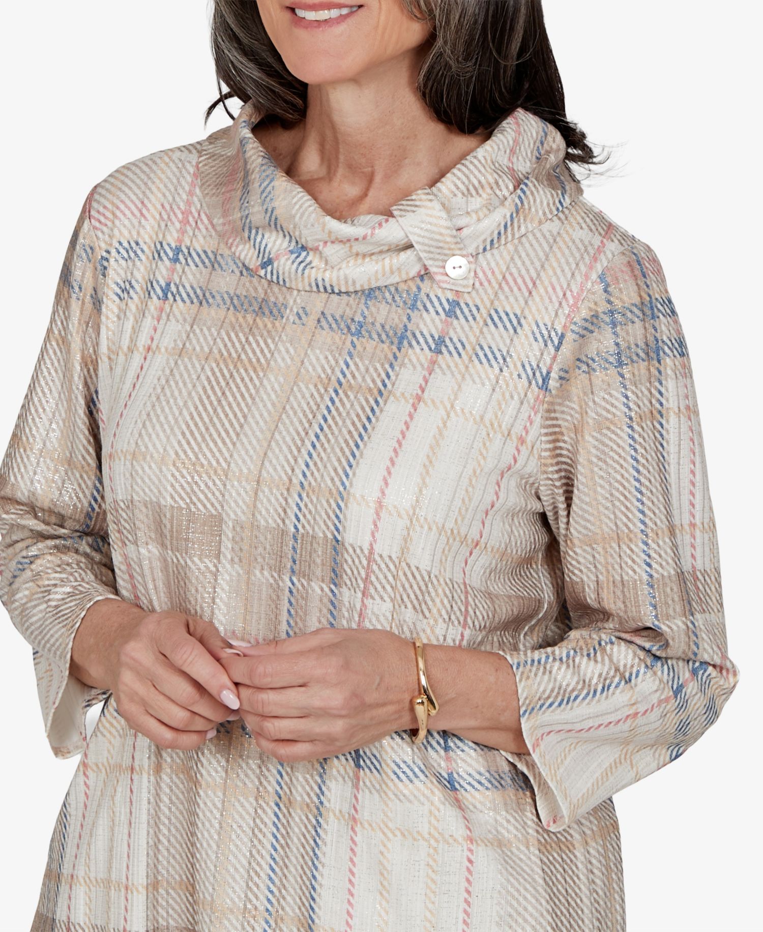 Petite Plaid Cowl Neck 3/4-Sleeve Tunic Top