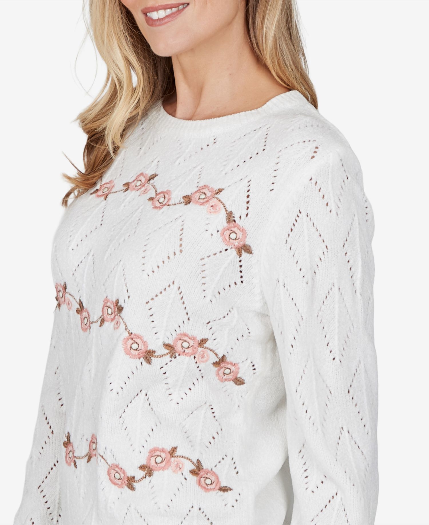 Petite Cable-Knit Floral-Embroidered Lightweight Sweater