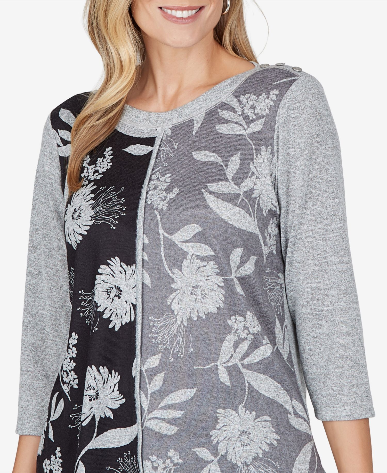 Petite Floral-Print Boat Neck Side Slit Blouse