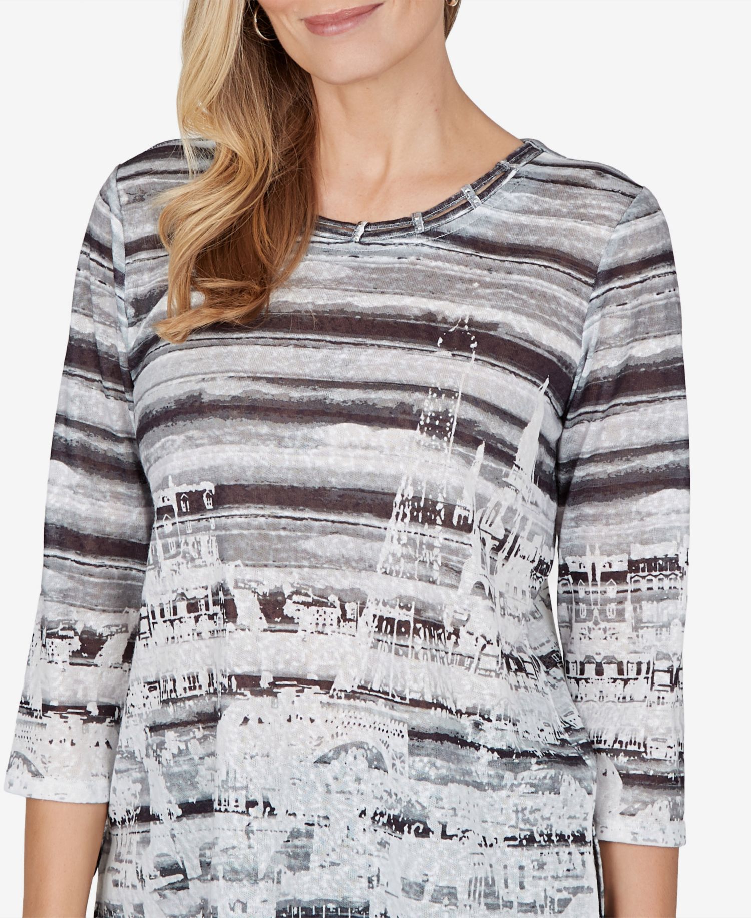 Petite 3/4-Sleeve Crewneck Side-Slit Blouse