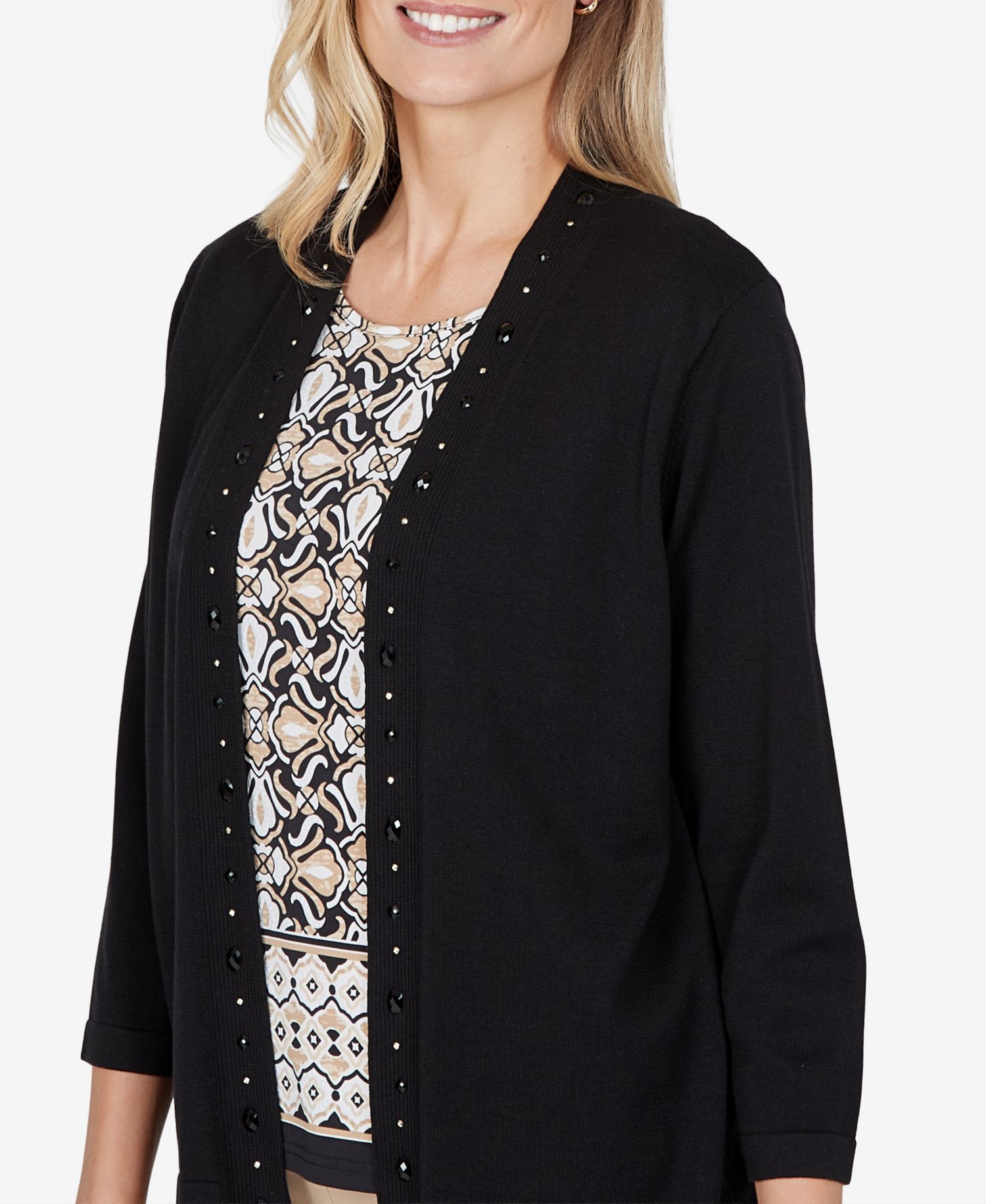 Petite Shawl-Collar Embellished 3/4-Sleeve Cardigan Sweater