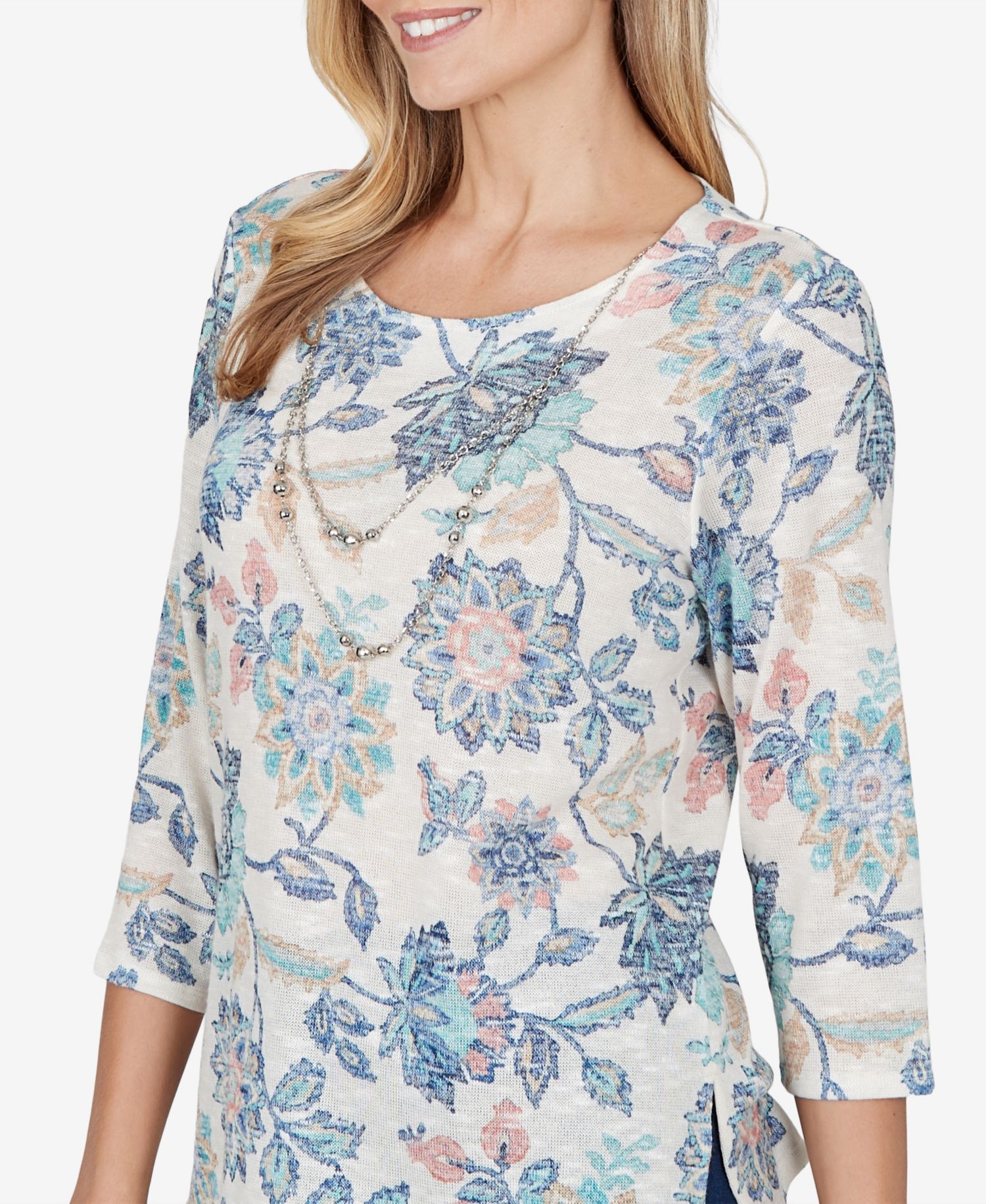 Petite Floral-Print 3/4-Sleeve Side-Slit Blouse