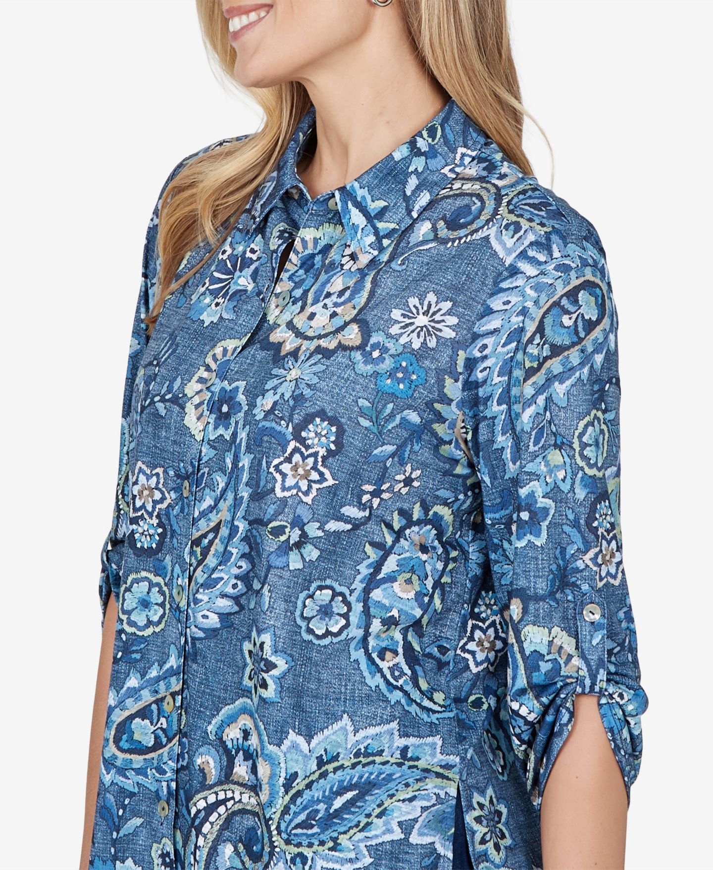 Женский топ Alfred Dunner Petite Paisley 3/4-Sleeve Roll-Tab, цвет: Синий разноцветный — фото 4