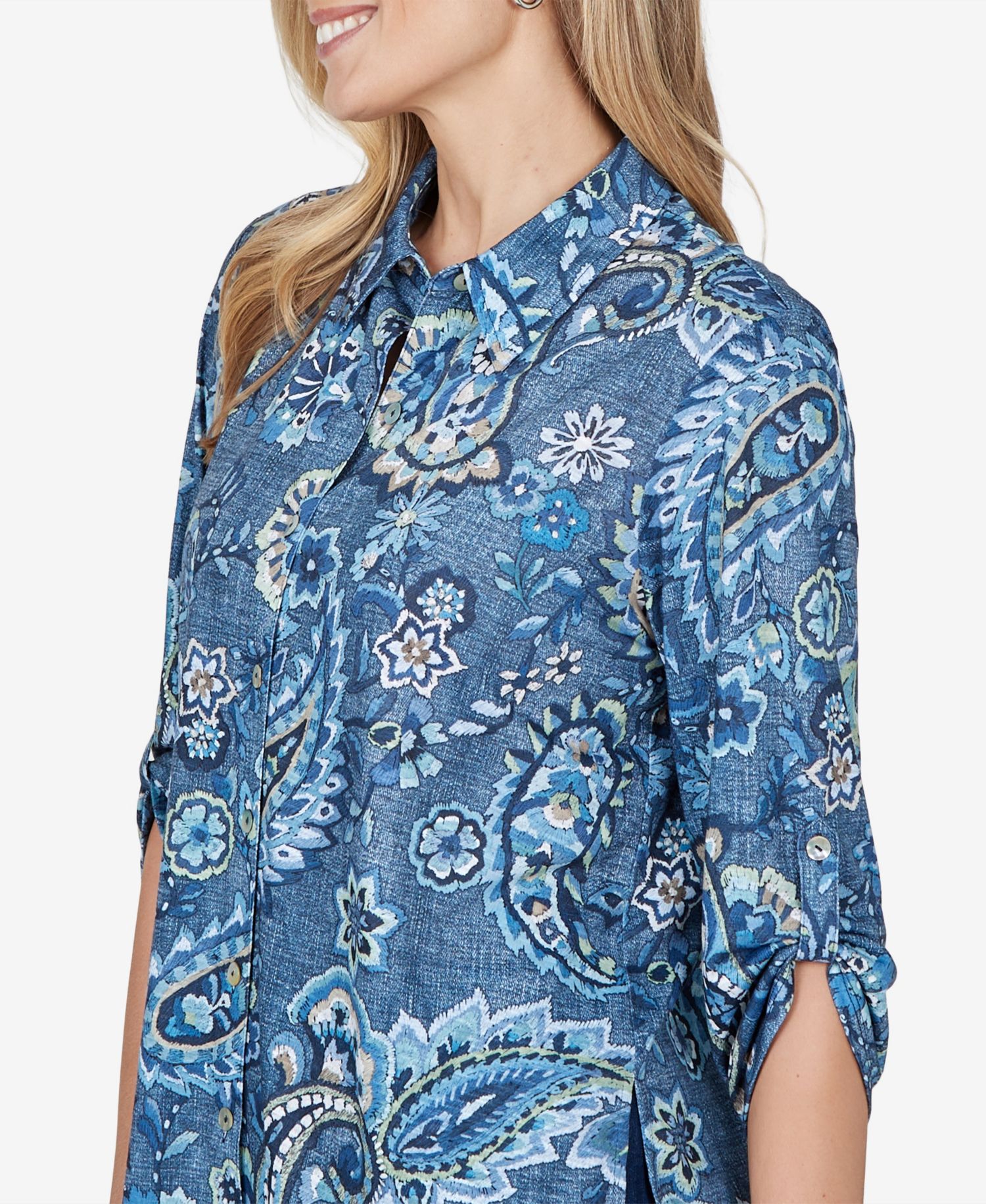 Petite Paisley 3/4-Sleeve Roll-Tab Top