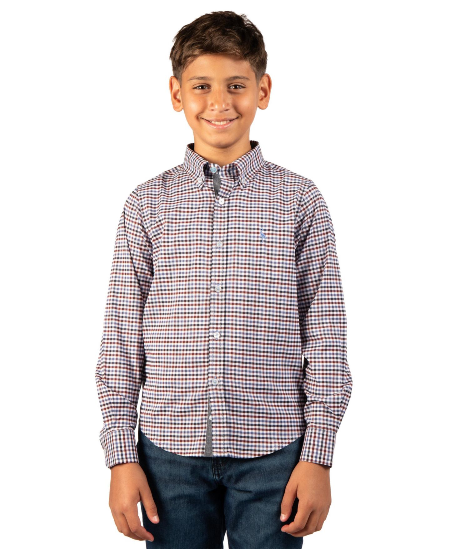 Рубашка Tailorbyrd Signature Gingham Button-Down Long Sleeve Shirt для мальчиков, цвет: Синий — фото 1