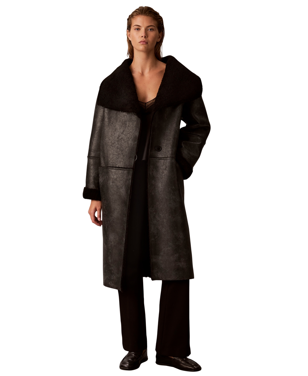 Calvin Klein Women's Shawl Collar Faux Shearling Coat