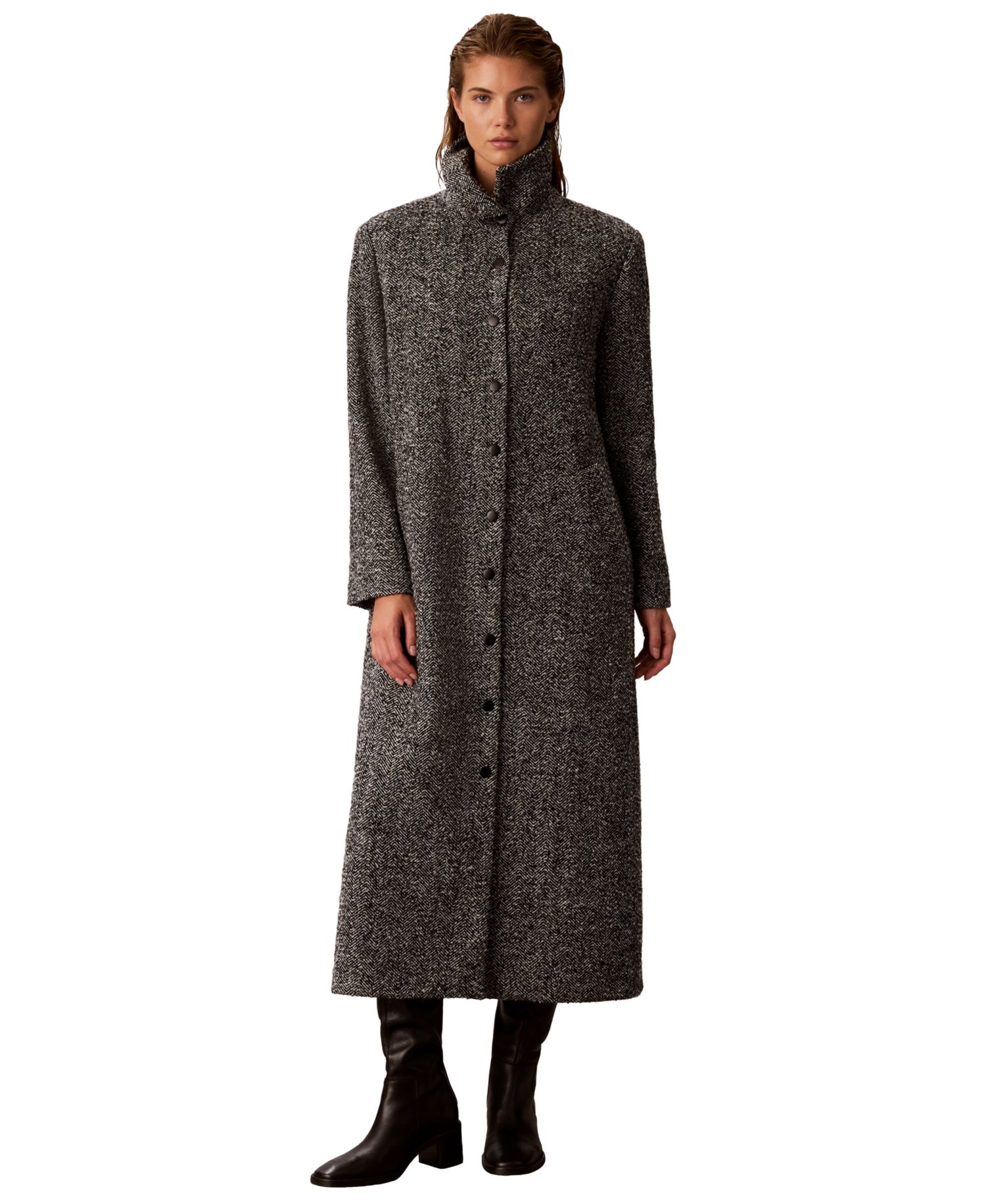 Women's Funnel Neck Herringbone Long Coat