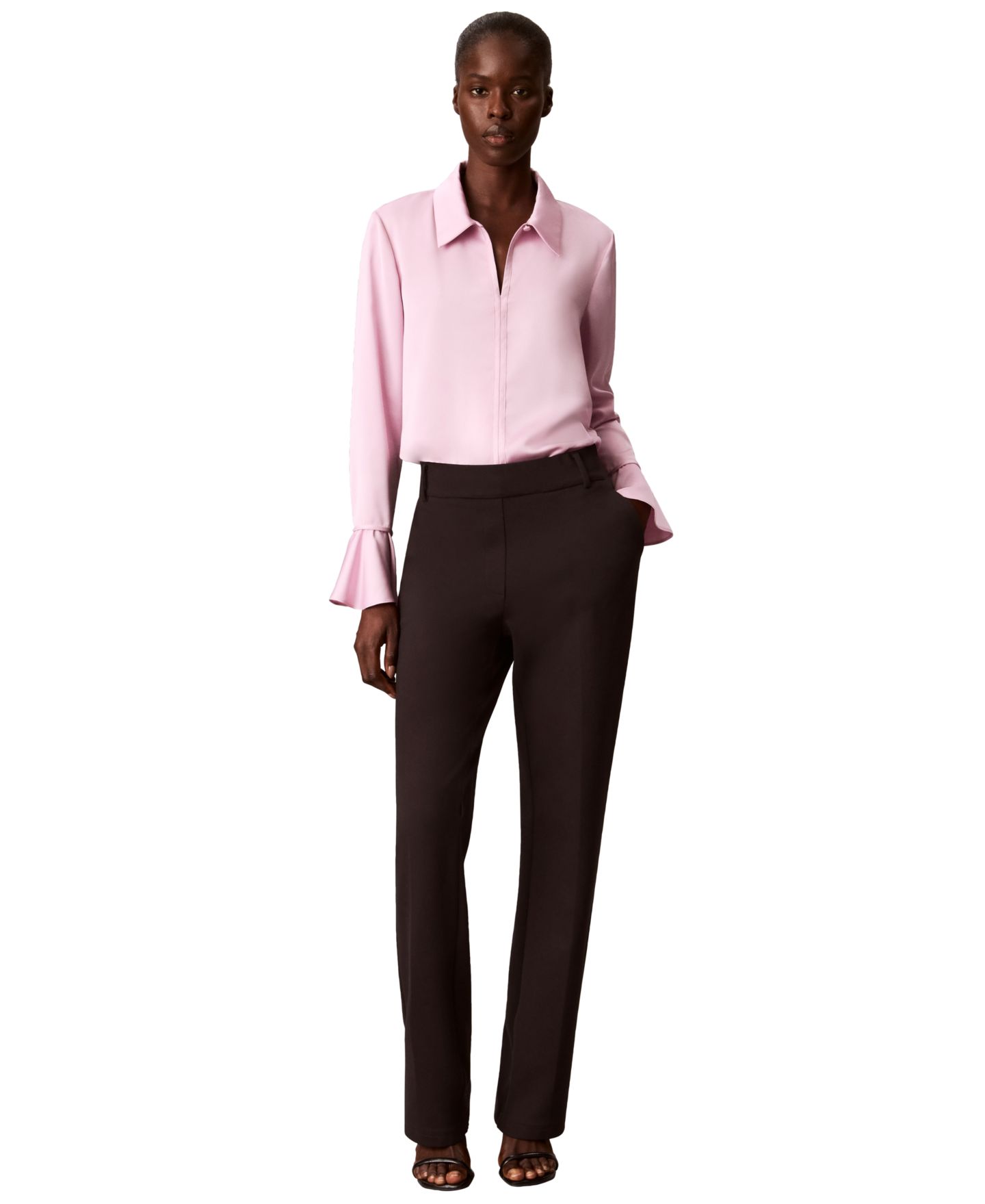 Женская блузка Calvin Klein Long-Sleeve Flutter-Cuff Satin, цвет: Выцветший орхидея — фото 2