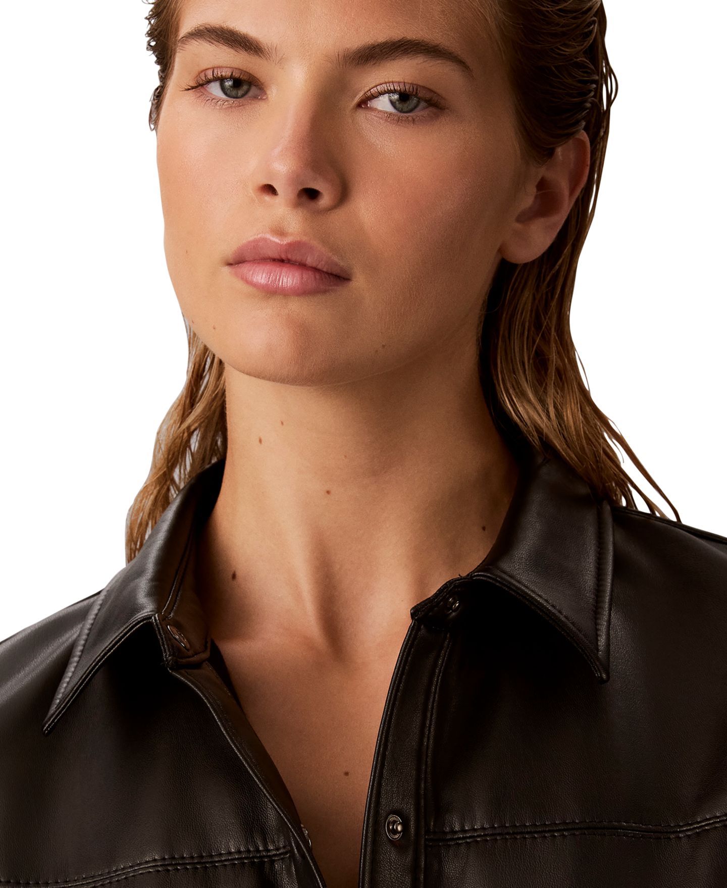 Женская рубашка Calvin Klein Faux Leather Button-Front Long-Sleeve, цвет: Чёрный — фото 5