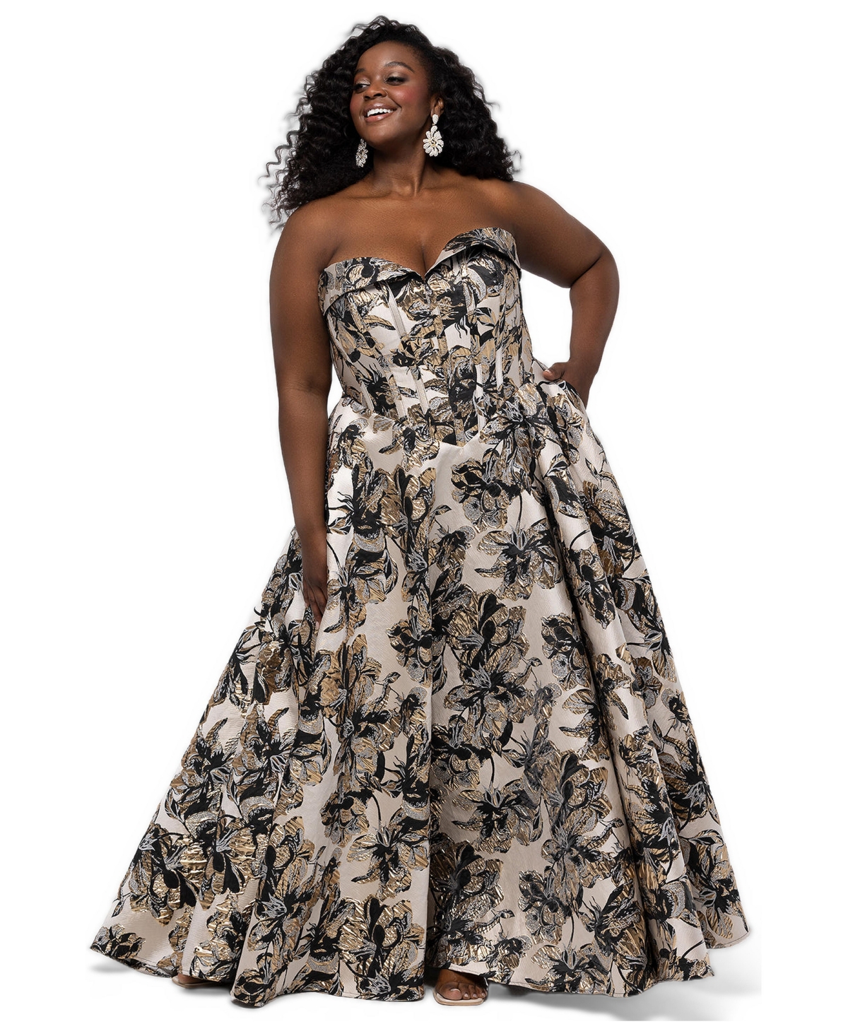 Sydney's Closet Plus Prima Donna Strapless A-Line Brocade Gown