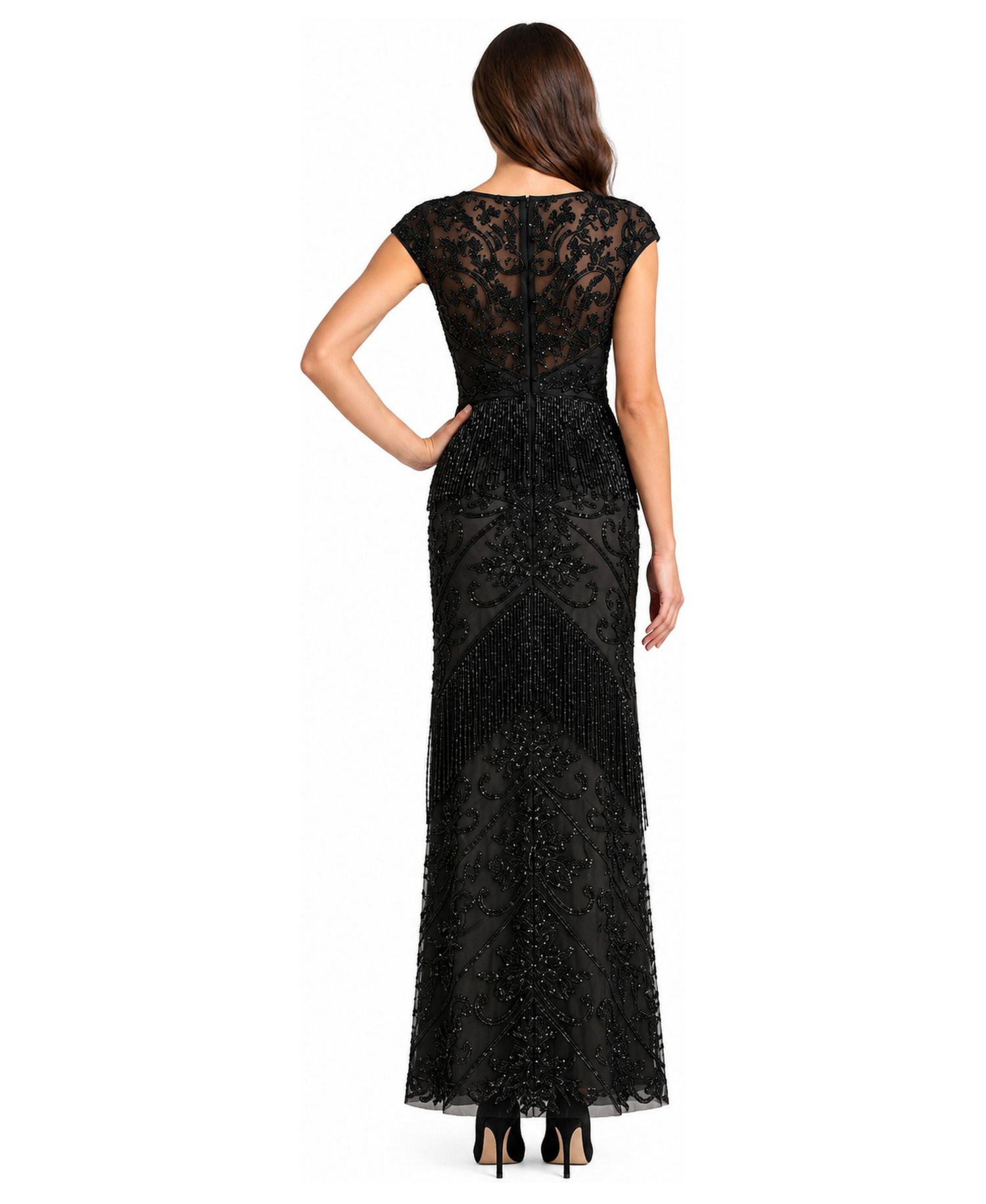 Women's Cap Sleeve Beaded Gown with Fringe