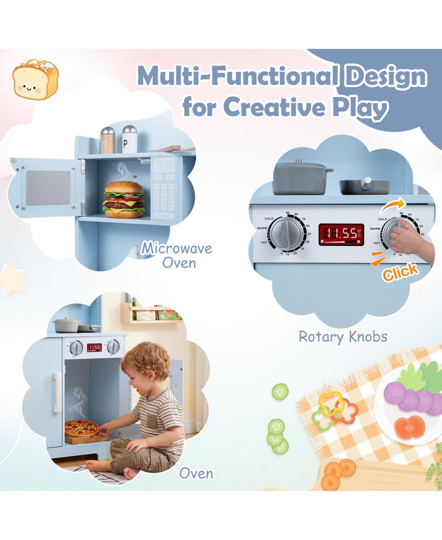 Детские игрушки Costway Light-Up Range Hood Wooden Play Kitchen, 9-Piece, Ages 3+, цвет: Синий — фото 4