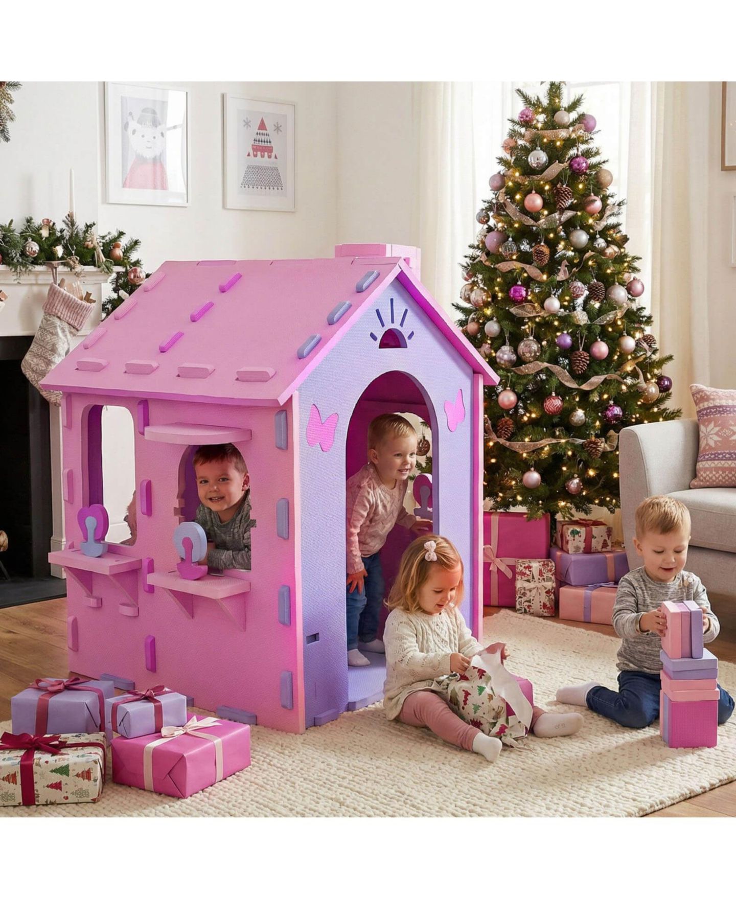 Детская игрушка Costway EVA Foam Cottage-Style Playhouse with Peek-A-Boo Windows, от 3 лет, цвет: Розовый — фото 2
