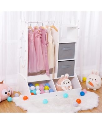 Kids Dress Up Wardrobe with Mirror Light Wooden Armoire Closet Hanging Rack Storage Bins for Girls Bedroom Playroom