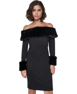 Women's Off-the-Shoulder Faux Fur-Trim Long-Sleeve Dress