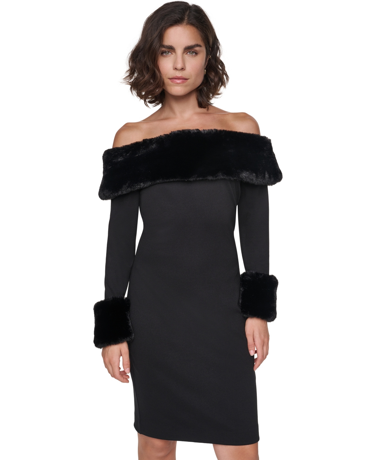 Karl Lagerfeld Paris Women's Off-the-Shoulder Faux Fur-Trim Long-Sleeve Dress
