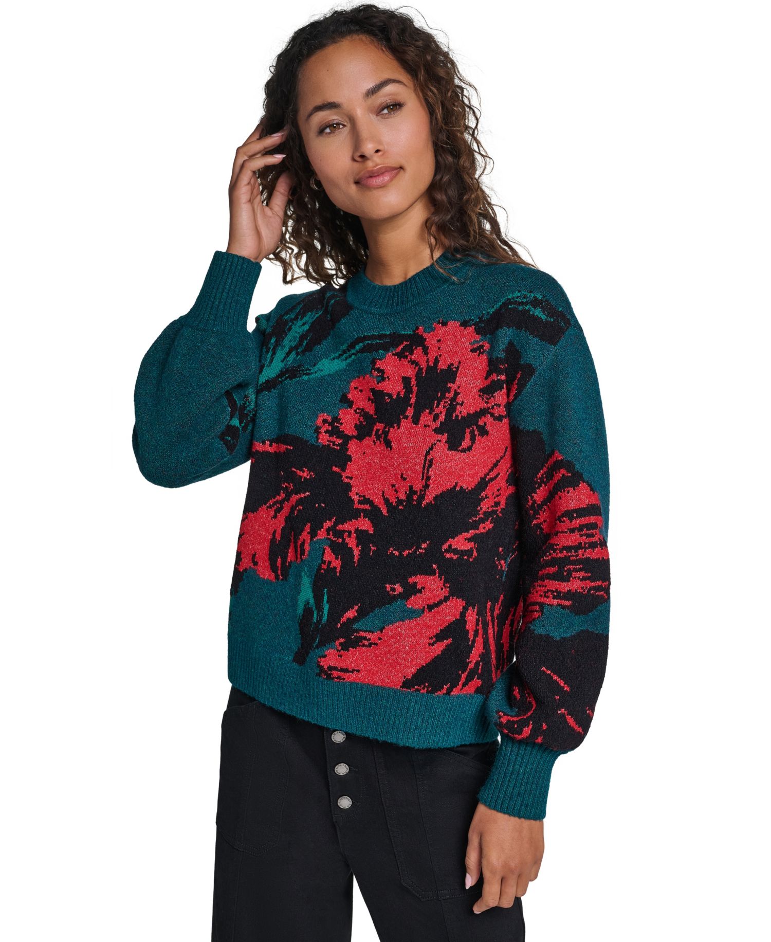 Women's Floral-Print Long-Sleeve Crewneck Sweater