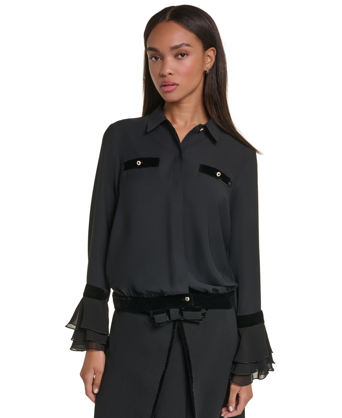 Karl Lagerfeld Paris Women's Velvet Long-Bell-Sleeve Blouse - Black