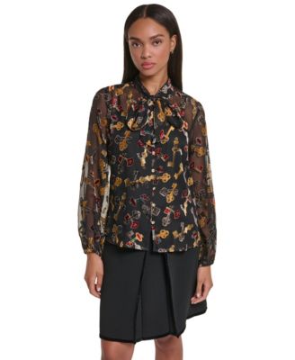 Women's Long-Sleeve Button-Front Burnout Blouse