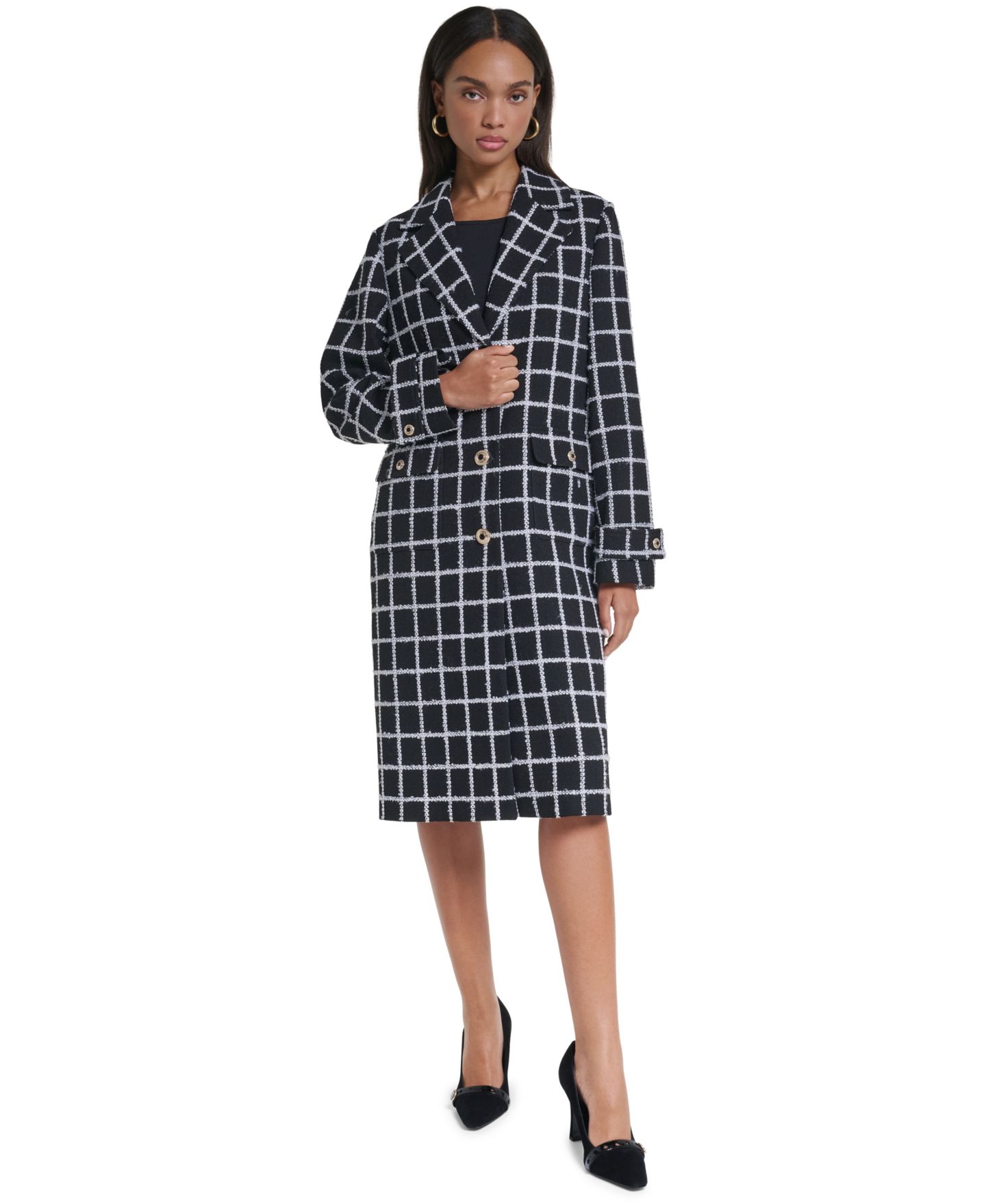 Женское пальто KARL LAGERFELD PARIS Double-Breasted Plaid Knee-Length, цвет: Чёрный / Мягкий белый — фото 2