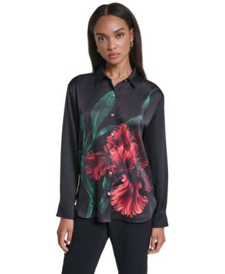 Women's Long-Sleeve Floral-Print Satin Blouse