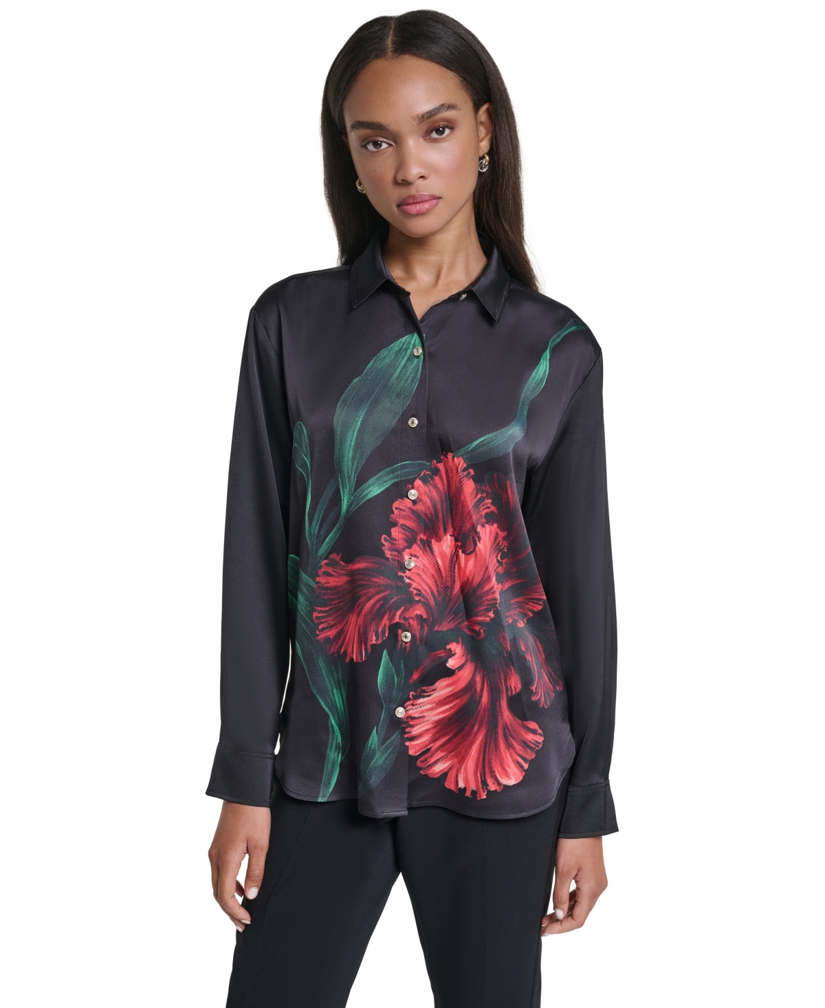 Karl Lagerfeld Paris Women's Long-Sleeve Floral-Print Satin Blouse - Black Combo